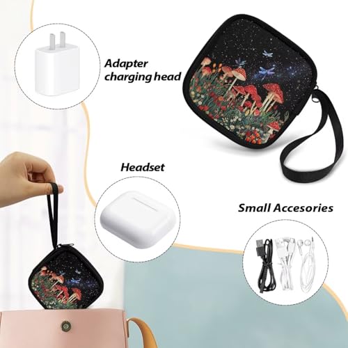 Earphone Case Earbuds Small Carrying Cases Mushroom Dragonfly Portable Headphone Organizer Storage Pouch Bag with Handle Make The Headphone Cable to Be Better Placed - color: Mushroom Dragonfly