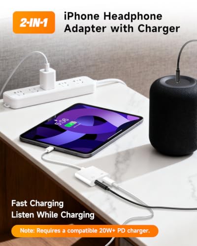 [MFi Certified] 2-in-1 Lightning to 3.5mm Audio & Charger Splitter for Headphones & Fast Charge, Compatible with iPhone 14/13/12/11/X/8/iPad - Car AUX, Gaming, Live Streaming, Work & Travel (1, White) - color: White-1Pack