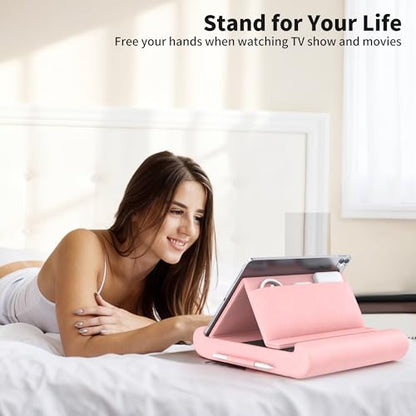 Tablet Pillow Stand, Foldable Tablet Holder for Lap, Bed, Soft Pillow Pad | with Pocket and Stylus Mount, for 4-13" Tablets, Like iPad Pro 11, 13, Air, Mini, Kindle, Galaxy Tab, Pink - color: Pink
