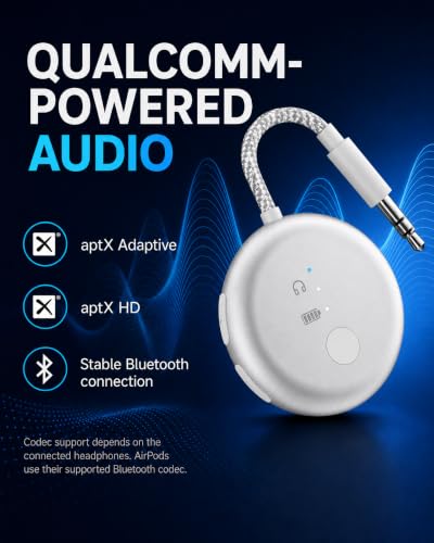 Avantree SoundJet R1 - Airplane Bluetooth Adapter for AirPods, 25H | Qualcomm aptX Adaptive & HD, dual-headphone pairing, 25-hour battery, USB-C charging, and single/dual airline plugs - color: 5. Silver
