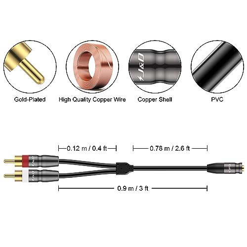 J&D 3.5 mm to Dual RCA Audio Cable, Gold Plated Copper Shell Heavy Duty 3.5mm Female to 2 RCA Male Stereo Audio Adapter Cable Adapter Cord, 3 Feet - size: 3 Feet