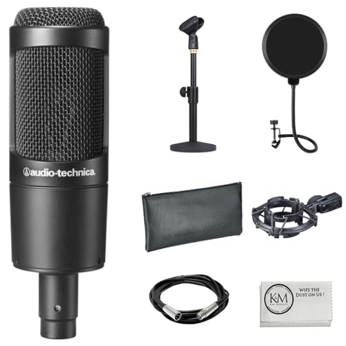 Audio-Technica AT2035 Cardioid Condenser Microphone Bundle with Pop Filter + XLR Cable + Microphone Desktop Stand + Microfiber Cleaning Cloth (5 Items)