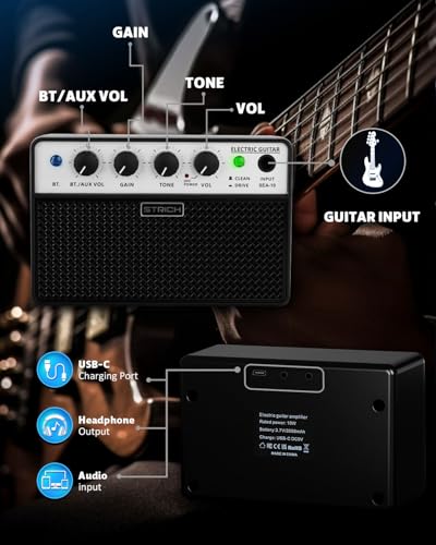 2 x 5W Mini Guitar Amp, Rechargeable, Clean/Drive, Black | Portable Guitar Amplifier for Beginners Practice with 1/8 Headphone Output - color: Black