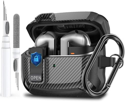 Galaxy Buds 3 Pro/3/3 FE Case Cover with Secure Lock Clip, Shockproof Samsung Galaxy Buds3/3 Pro 2024/3 FE 2025 Protective Hard Cover Shell with Carabiner&Cleaner kit for Men Women, Carbon Black - color: AA-Black