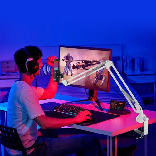 White Mic Wall Mount and Microphone Boom Arm Desktop Clamp Stand compatible with Shure FIFINE Blue Yeti,Razer,HyperX Mic Kit for Broadcasting, Podcasts,Streaming and Gaming