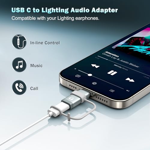 TiMOVO Lighting to USB C Audio Headphone Adapter with Line Control, Grey | Lighting to USB C Earphone Adaptor for iPhone 17/16/15 Series, iPad Air/Pro/Mini, Not for Charging and Data Transfer - color: Gray