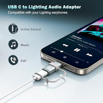 TiMOVO Lighting to USB C Audio Headphone Adapter with Line Control, Grey | Lighting to USB C Earphone Adaptor for iPhone 17/16/15 Series, iPad Air/Pro/Mini, Not for Charging and Data Transfer - color: Gray