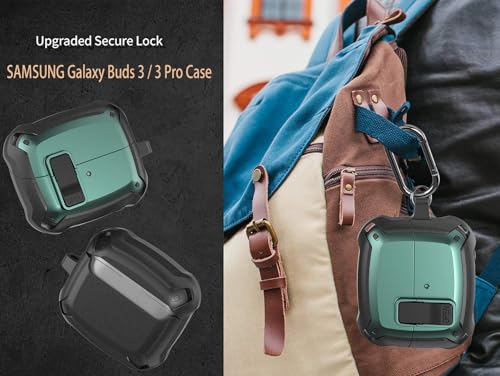 Galaxy Buds 3 Pro/3/3 FE Case Cover with Secure Lock Clip, Shockproof Samsung Galaxy Buds3/3 Pro 2024/3 FE 2025 Protective Hard Cover Shell with Carabiner&Cleaner kit for Men Women, Black/Green - color: Black/Green