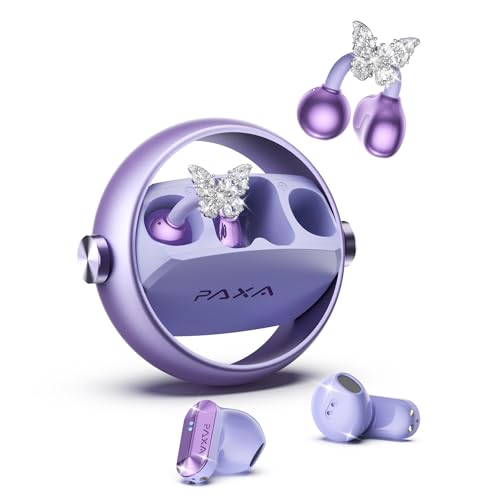 PAXA 3 in 1 Ctbuds Stylish Jewelry-Style Clip on Open Ear Headphones Wireless Earbuds, Instant Earring Mode, Ultra-Long 140H Play, Bluetooth 6.0, All-Day Wear for Work Fitness Daily Use, Purple - color: F-Purple-Butterfly Earring