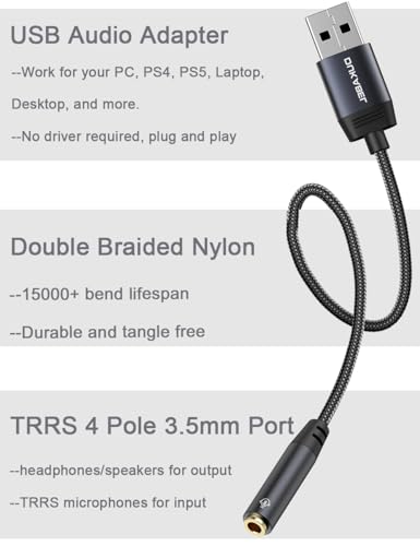 USB Audio Adapter, DUKABEL USB Aux Stereo Converter for PC, PS4, PS5-30CM | USB to 3.5mm Audio Jack Adapter, USB 2.0, TRRS Mic-Supported, for PC, Laptop, Mac, Desktops, Linux, PS4, PS5 and More - size: 20CM