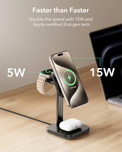 ESR 3 in 1 Wireless Charging Station, Magsafe Charger for iPhone 17-12 | 15W MagSafe Charger Stand for iPhone, Wireless Charger for Multiple Devices iPhone 17-12&Apple Watch&AirPods, Black