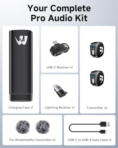 2 Pack Wireless lavalier Microphone,Mini Microphone (Lightning/USB C) Ai Noise Cancelling Hi-Fi studio-quality with Charging Case, Plug-and-Play 160ft Compact Clip-on Mic for iPhone, Android，iPad