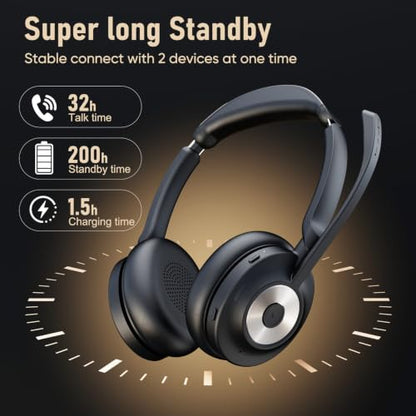 Bluetooth Headset with Microphone for PC & Laptop, Wireless Office Headset with USB Dongle, ENC Noise Cancelling Mic, 30H Talk Time, On-Ear Computer Headset for Zoom Teams Call Center