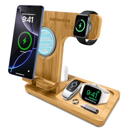 4 in 1 Bamboo Nightstand Organizer, Wood Phone Docking Station, Phone Charger Stand for iPhone 12-18 Series & Android, Desktop Organizer for iWatch & Airpods, Gifts for Men, Dad, Anniversary