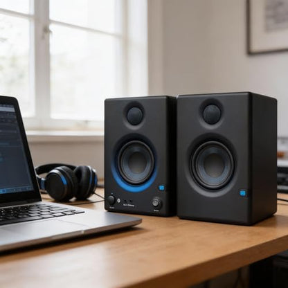 PreSonus Eris E3.5 BT Bluetooth Studio Monitor Pair Bundle with Monitor Stand, Isolation Pads, XLR Cables, TRS Cables, and Austin Bazaar Polishing Cloth - size: Bundle w/ Stand, style: E3.5 BT