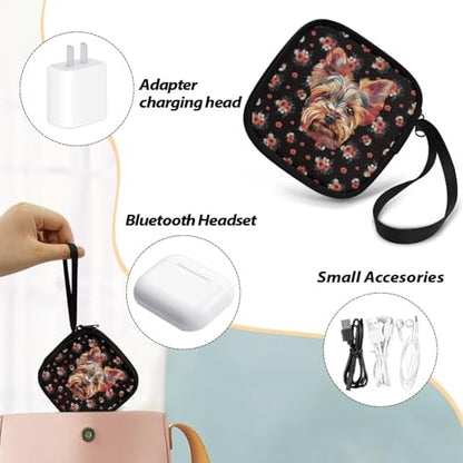 Dog and Flower Headphone Bag Travel Headphones Carrying Case, Protective Shell Travel Bag for Cable, Charger Storage for Earphone, Earbud, Earpieces - color: Dog And Flower