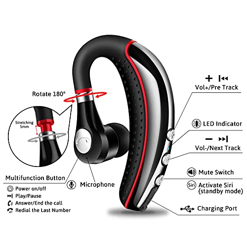 Bluetooth Headset V5.0,Wireless Bluetooth Earpiece with Noise Canceling Mic for Cell Phone,Business Earphone for Driving/Trucker/Office,Sweatproof Headset for Android/iPhone-RED - color: Red