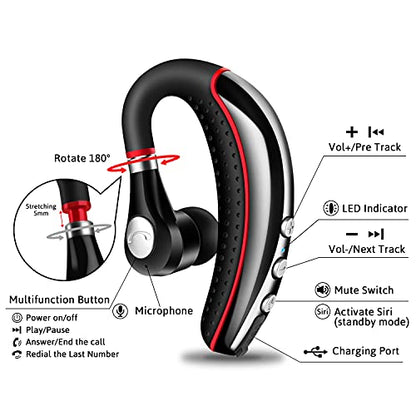 Bluetooth Headset V5.0,Wireless Bluetooth Earpiece with Noise Canceling Mic for Cell Phone,Business Earphone for Driving/Trucker/Office,Sweatproof Headset for Android/iPhone-RED - color: Red