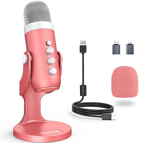 ZealSound Podcast Microphone for iPhone PC & Mac, Noise Cancellation USB Mic with Volume, Mute & Echo Control, Zero-Latency Monitoring, for ASMR, Podcasting, Vocal Recording & Voice-Over - K66 Pink