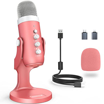 ZealSound Podcast Microphone for iPhone PC & Mac, Noise Cancellation USB Mic with Volume, Mute & Echo Control, Zero-Latency Monitoring, for ASMR, Podcasting, Vocal Recording & Voice-Over - K66 Pink
