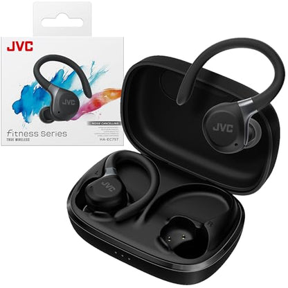 JVC Fitness Series HAEC75TB True Wireless Sport Earbuds, Black | Adjustable Hooks, Active Noise Cancelling, Ambient Sound Mode, IP57 Waterproof, 40hr Long Battery Life - color: Black
