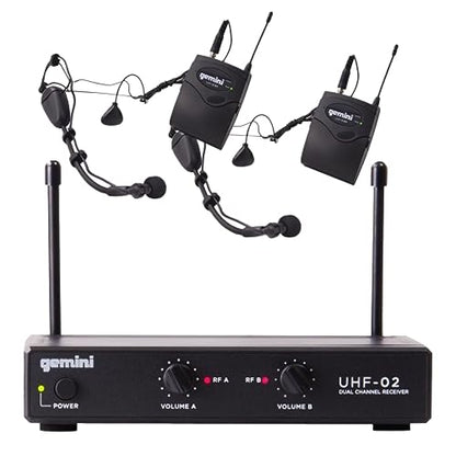 Gemini Dual-Channel UHF Headset & Lapel Mic System (UHF-02HL-S34) | Dual-channel UHF headset & lapel mics - 150 ft range - dual volume rotaries - auto-pair, 2 headsets