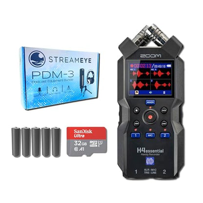 Zoom H4essential 32-Bit Float Recorder Bundle with StreamEye PDM-3 Dynamic Broadcast Mic, Tripod Stand, XLR Cable, Headphones — Podcast Mic Kit for Podcasting, Voice Over, Streaming, Field Recording
