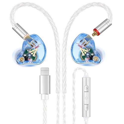 Audiovance Vibes 202ML HiFi 유선 이어버드, 아이폰 14/13/12/11/X, 프로 맥스용 | 마이크가 있는 인이어 헤드폰, 선명한 사운드, 딥 베이스, 소음 차단 이어버드, 실버 도금 코드, 편안한 핏, 케이스 - color: 8-라이트 블루