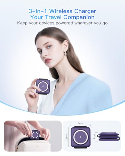 Iseyyox Charging Station for Mag Safe Apple - 3 in 1 Magnetic Foldable Wireless Charger Pad - Travel Charging Mat for iPhone 17 16 15 14 13 12 Pro Max Plus Watch & Airpods - color: Deep-purple