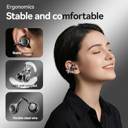Open Ear Wireless Earbuds for Women with Makeup Mirror Charging Case, Clip-on Bluetooth 6.0 Headphones with Spatial Audio, Includes Flower & Butterfly Earrings, Long Battery Life (Black) - color: Black