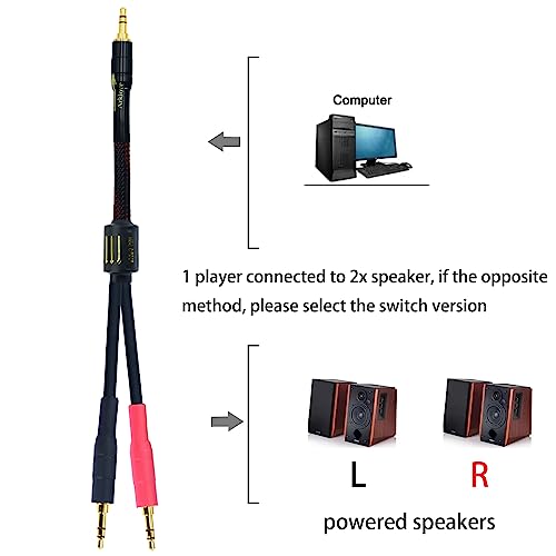Arklove 1ft Shielded 1/8" aux Input 3.5mm 2X 3.5 Output Splitter Stereo Audio Video Cable Out 3.5 Male to Two 3.5 Male in Dual Speaker Cord 24k Gold Plated - size: 1ft, style: 3.5mm to dual 3.5(L+R)