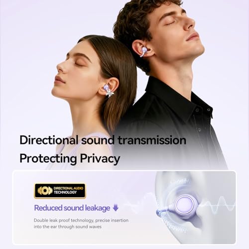 Open Ear Wireless Earbuds for Women with Makeup Mirror Charging Case, Clip-on Bluetooth 6.0 Headphones with Spatial Audio, Includes Flower & Butterfly Earrings, Long Battery Life (Purple) - color: Purple