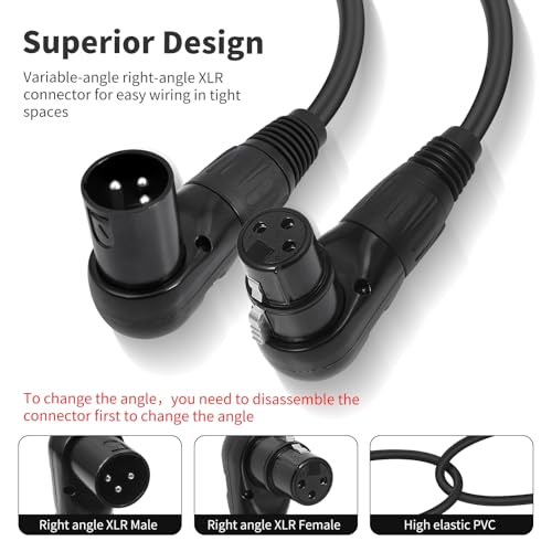 Right Angle XLR Male to Female Cable 1FT, 2Pack, Black, 90 Degree Male to Female Microphone Cable Cord, 3Pin XLR Adapter for Sound Devices Mixer Recorder - size: 1FT, style: R/A Male to FM
