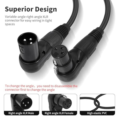 Right Angle XLR Male to Female Cable 1FT, 2Pack, Black, 90 Degree Male to Female Microphone Cable Cord, 3Pin XLR Adapter for Sound Devices Mixer Recorder - size: 1FT, style: R/A Male to FM