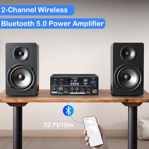 AK55 Stereo Amplifier Home Audio, Bluetooth 5.0 Max 600W Power Stereo Receivers 2.0 Channel Audio Amplifier for Speaker W/Remote Control/AUX/RCA/Echo/USB/2 MIC in for Home Party, Karaoke - size: AK55