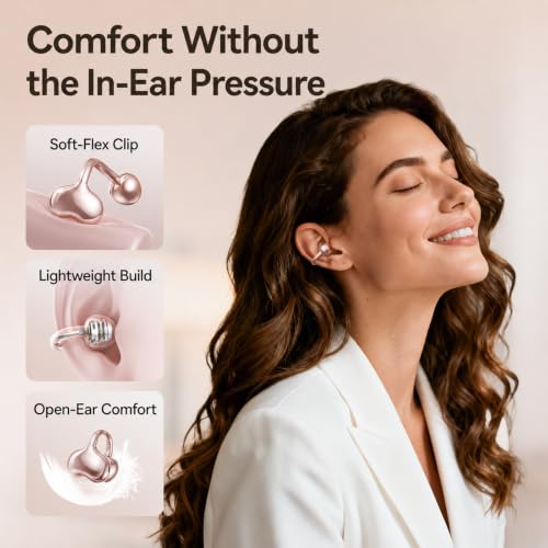 Kinglucky Upgraded Clip-On Earbuds, Open Ear Earbuds Comfortable Secure Fit | Crystal-Clear Sound, 40H Playtime, Wireless Headphones Bluetooth 6.0 for Women, Glasses & Small Ears, Sports, IP56, Rose Gold - color: Rose Gold