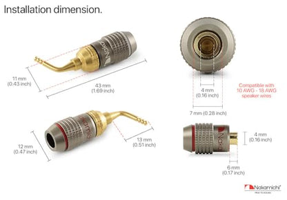 Nakamichi FanLock Excel Series 24K Gold Plated 2mm Pin Plugs, 10-18 AWG | Gauge Size 4mm for Spring Clip Terminal Speakers Amplifier Hi-Fi Audio Wire Cable Quick Connector Banana, 12 Pcs (6-Pairs) - size: 12 Pcs (6-Pairs)