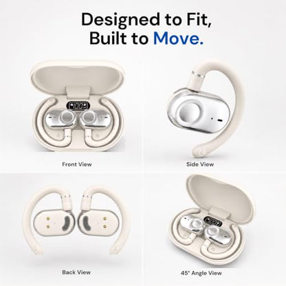 Open Ear Earbuds Bi-Axial Custom Fit Immersive Sound Wireless Headphones | Over The Ear Bluetooth Ear Buds Waterproof Long Battery for Running Outdoor Sports Travel Conference - OpenBass Fit White - color: Cream White