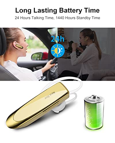 New Bee Bluetooth Earpiece V5.0 Wireless Handsfree Headset with Microphone 24 Hrs Driving Headset 60 Days Standby Time for iPhone Android Samsung Laptop Trucker Driver (Gold) - color: Gold
