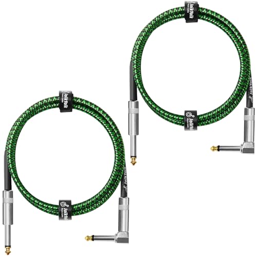 Guitar Cable 3.3ft 2-Pack, Tweed Cloth Braided Instrument Cable, TS 1/4 Inch Angled to Straight, for Electric Guitar/Bass/Amp, Black & Green - color: Green, size: 3.3ft