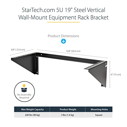 StarTech 5U Vertical Wall-Mount Rack Bracket, 19in, 200lb (RK519WALLV) | Low-profile open-frame L-shaped patch panel bracket, EIA-310, 90kg, Includes cage nuts and screws - size: 5U