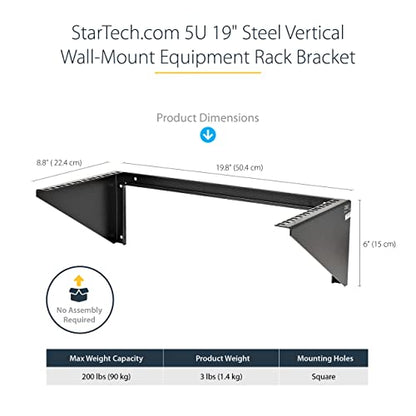StarTech 5U Vertical Wall-Mount Rack Bracket, 19in, 200lb (RK519WALLV) | Low-profile open-frame L-shaped patch panel bracket, EIA-310, 90kg, Includes cage nuts and screws - size: 5U