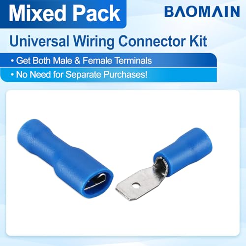 BAOMAIN 0.187" Female & Male Spade Terminals Kit 16-14 AWG 100-Pack | Blue Insulated Tin-Plated Crimp Connectors for 16-14 AWG Wiring. Kit Include 0.187" 4.8mm Female and Male Quick Terminals - size: Fully Insulated Female and Male