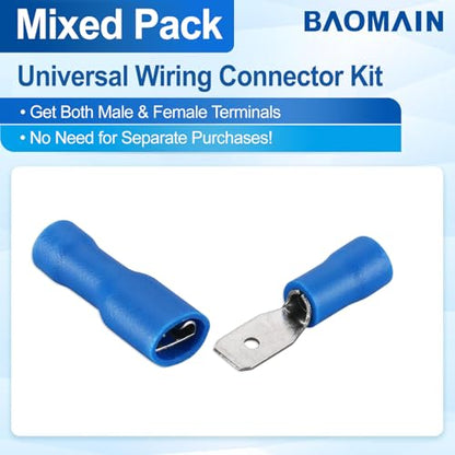 BAOMAIN 0.187" Female & Male Spade Terminals Kit 16-14 AWG 100-Pack | Blue Insulated Tin-Plated Crimp Connectors for 16-14 AWG Wiring. Kit Include 0.187" 4.8mm Female and Male Quick Terminals - size: Fully Insulated Female and Male