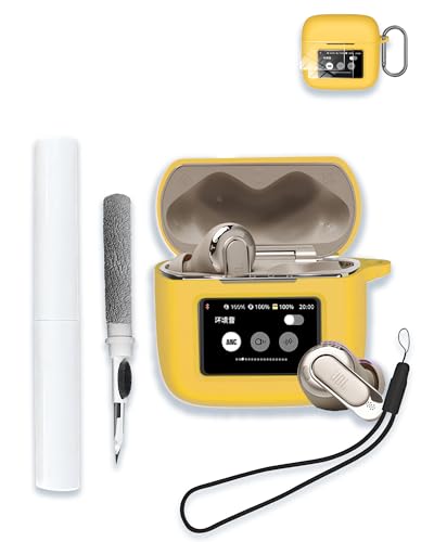 Case for JBL Tour Pro 3 -True Wireless Noise Cancelling Earbuds, WUNIAK Soft Silicone Protective Portable Scratch Shock Resistant with 2pack Screen Protector &Cleaner Kit & Carabiner & Lanyard，Yellow - color: YELLOW