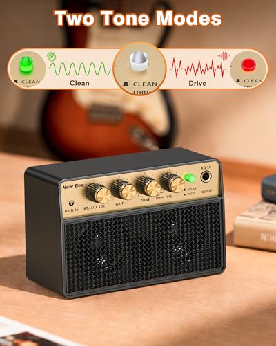 Guitar Amp with Clean Drive, 3.5mm /AUX 6H Work for Indoor Practice Travel | 10W Mini Guitar Amplifier USB-C Rechargeable Bluetooth Small Portable Amp