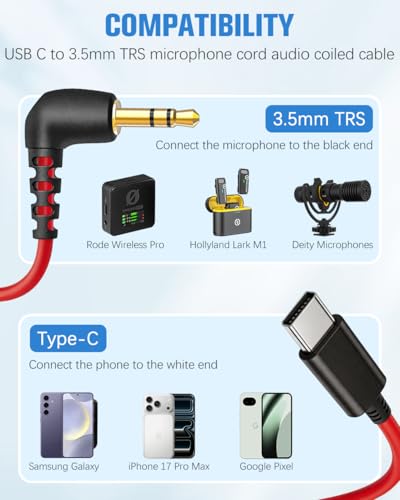 Microphone Adapter Mic Cable for Rode Wireless Pro GO 2 / ME USB C to 3.5mm Coiled Cable for Hollyland Lark M1 / M2 / MAX / 150 / MAX Duo DAC Android iPhone 15 17 Pro Max 16e 15 Plus Phones ﻿