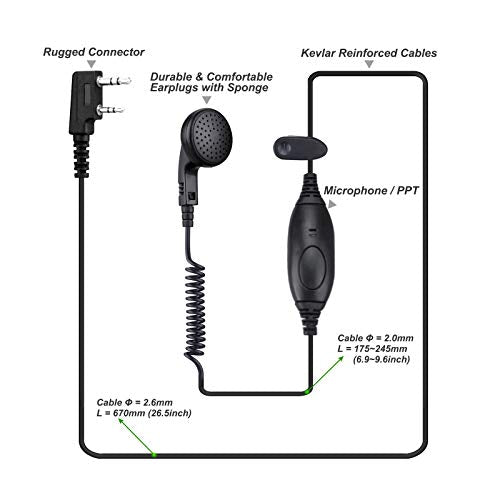 2-Pack 2-Way Radio Earpiece 3.5mm/2.5mm 2-Pin Compatible with Kenwood Bao F | Classic Walkie Headset with Mic, Two-Way Radios with PTT for Bao Feng