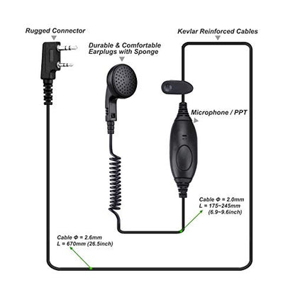 2-Pack 2-Way Radio Earpiece 3.5mm/2.5mm 2-Pin Compatible with Kenwood Bao F | Classic Walkie Headset with Mic, Two-Way Radios with PTT for Bao Feng