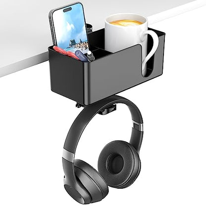 KDD 4 in 1 Desk Cup Holder - Clamp on Under Desk Headphone Hanger - Rotating Headphone Holder Detachable Pen Cup Holder Desktop Storage for Cup, Phone and Pen(Black) - color: Black